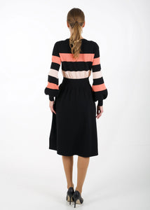 Bell sleeve striped knit dress, black/orange