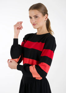 Bell sleeve striped knit dress, black/red