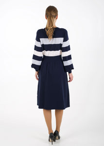 Bell sleeve striped knit dress, navy