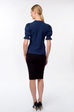 Load image into Gallery viewer, Puff sleeve intarsia knit top with poppies, navy