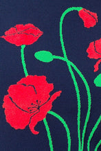 Load image into Gallery viewer, Puff sleeve intarsia knit top with poppies, navy