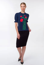 Load image into Gallery viewer, Puff sleeve intarsia knit top with poppies, navy