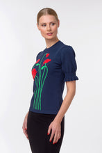 Load image into Gallery viewer, Puff sleeve intarsia knit top with poppies, navy