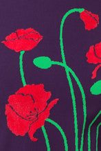 Load image into Gallery viewer, Puff sleeve intarsia knit top with poppies, purple