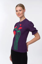 Load image into Gallery viewer, Puff sleeve intarsia knit top with poppies, purple