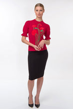 Load image into Gallery viewer, Puff sleeve intarsia knit top with poppies, red