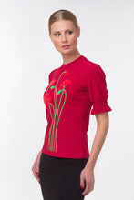 Load image into Gallery viewer, Puff sleeve intarsia knit top with poppies, red