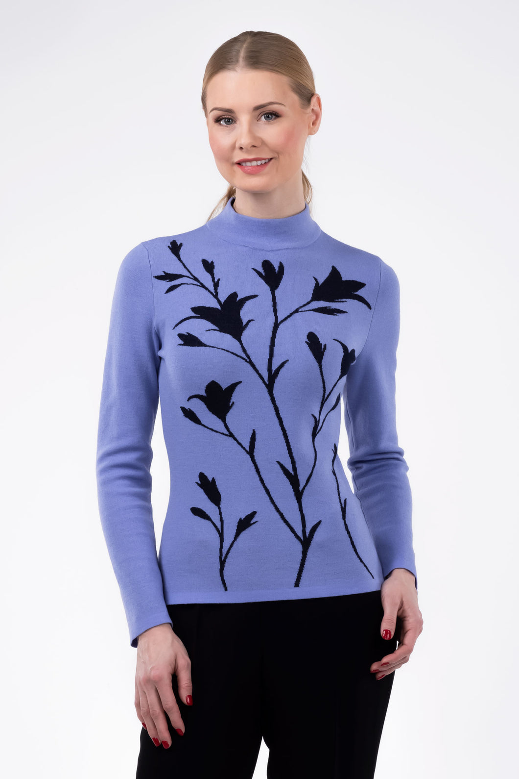 Merino wool floral jacquard knit top, lavender