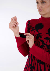Merino wool jacquard knit top, meadow, red