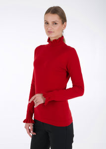 Merino ruffle knit top, red