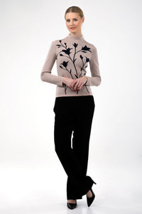 Merino wool floral jacquard knit top, beige