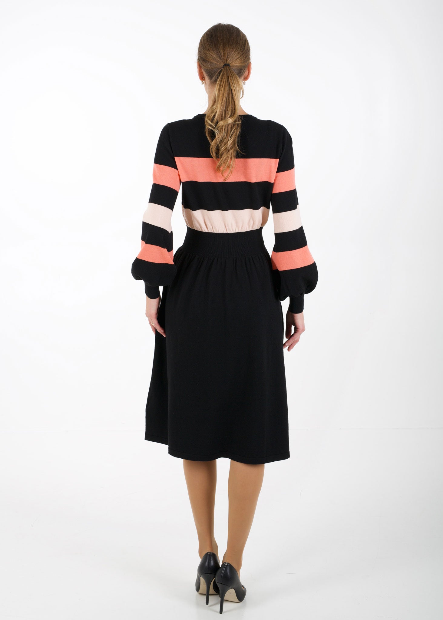 Bell sleeve striped knit dress, black/orange winter dress Arctic Affair Bell sleeve striped knit dress, black/orange winter dress Arctic Affair