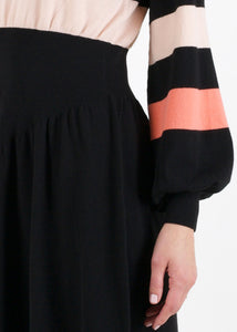 Bell sleeve striped knit dress, black/orange
