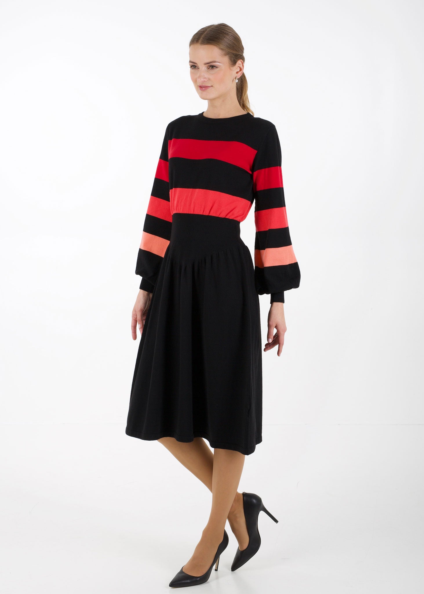 Bell sleeve striped knit dress, black/red winter dress Arctic Affair Bell sleeve striped knit dress, black/red winter dress Arctic Affair