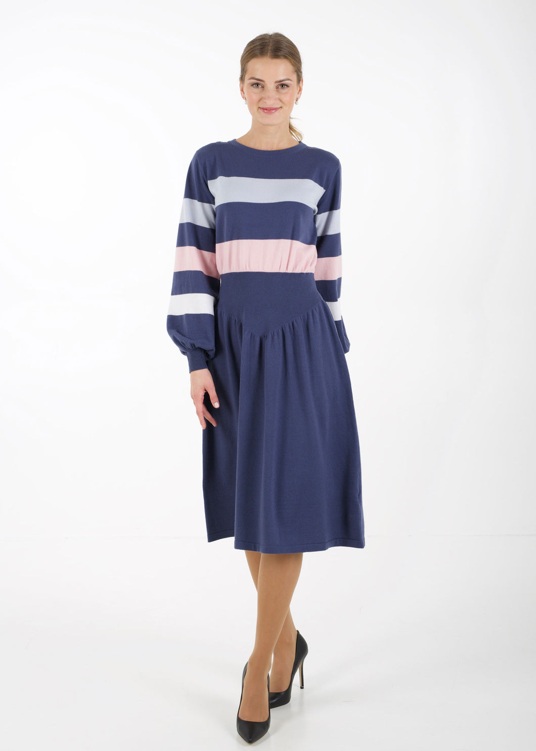 Bell sleeve striped knit dress, grey
