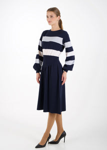 Bell sleeve striped knit dress, navy