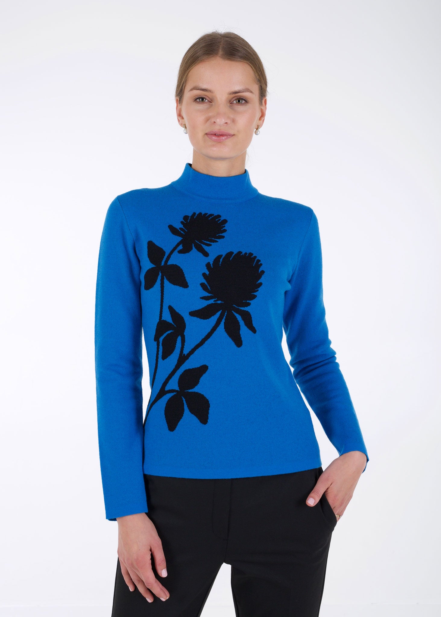 Merino wool jacquard knit top, clover, blue