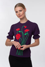 Load image into Gallery viewer, Puff sleeve intarsia knit top with poppies, purple
