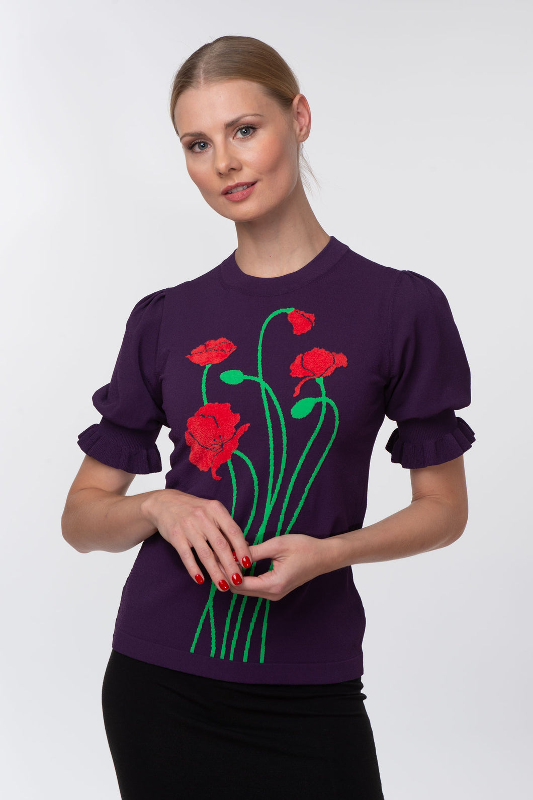 Puff sleeve intarsia knit top with poppies, purple