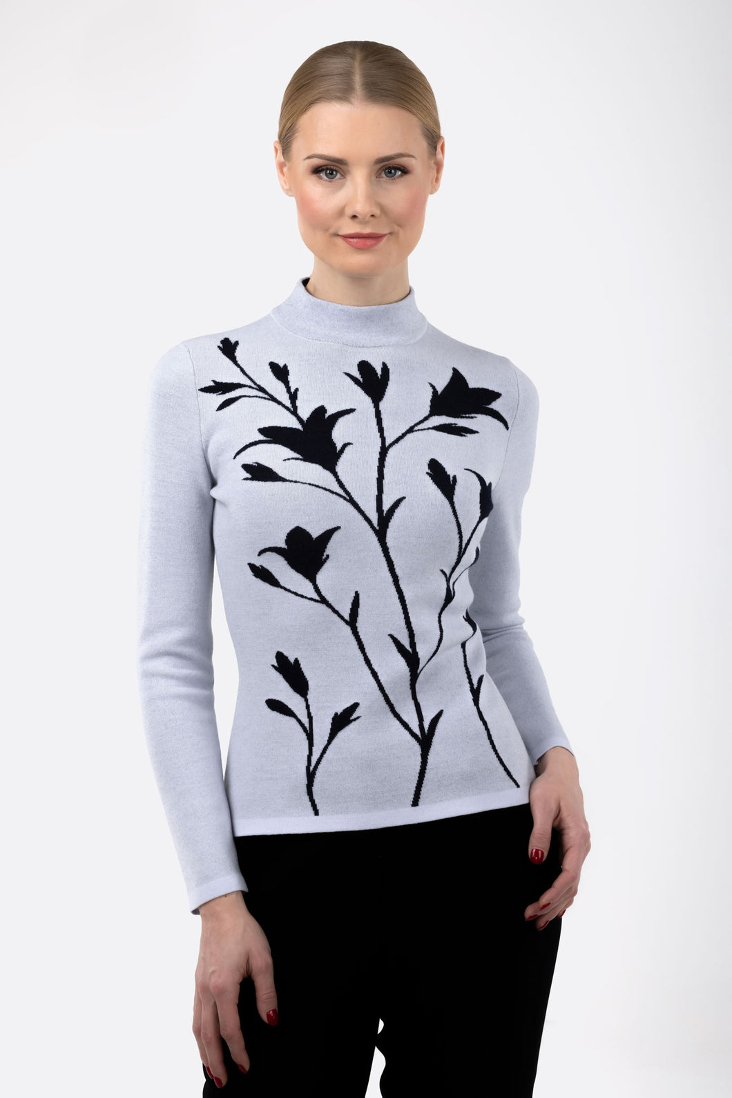 Merino wool floral jacquard knit top, light grey