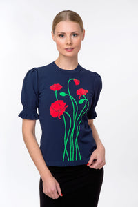 Puff sleeve intarsia knit top with poppies, navy