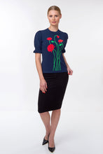 Load image into Gallery viewer, Puff sleeve intarsia knit top with poppies, navy
