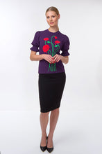 Load image into Gallery viewer, Puff sleeve intarsia knit top with poppies, purple
