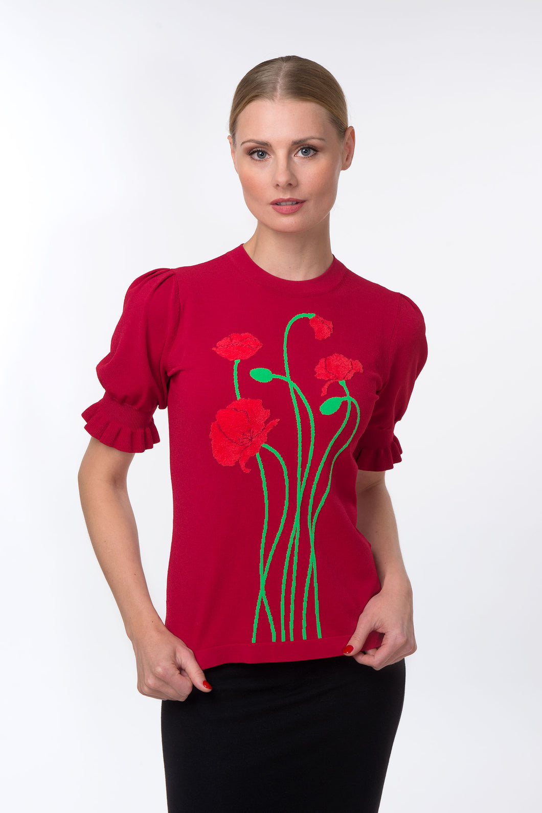 Puff sleeve intarsia knit top with poppies, red