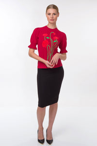 Puff sleeve intarsia knit top with poppies, red