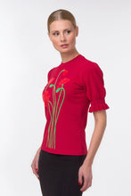 Load image into Gallery viewer, Puff sleeve intarsia knit top with poppies, red
