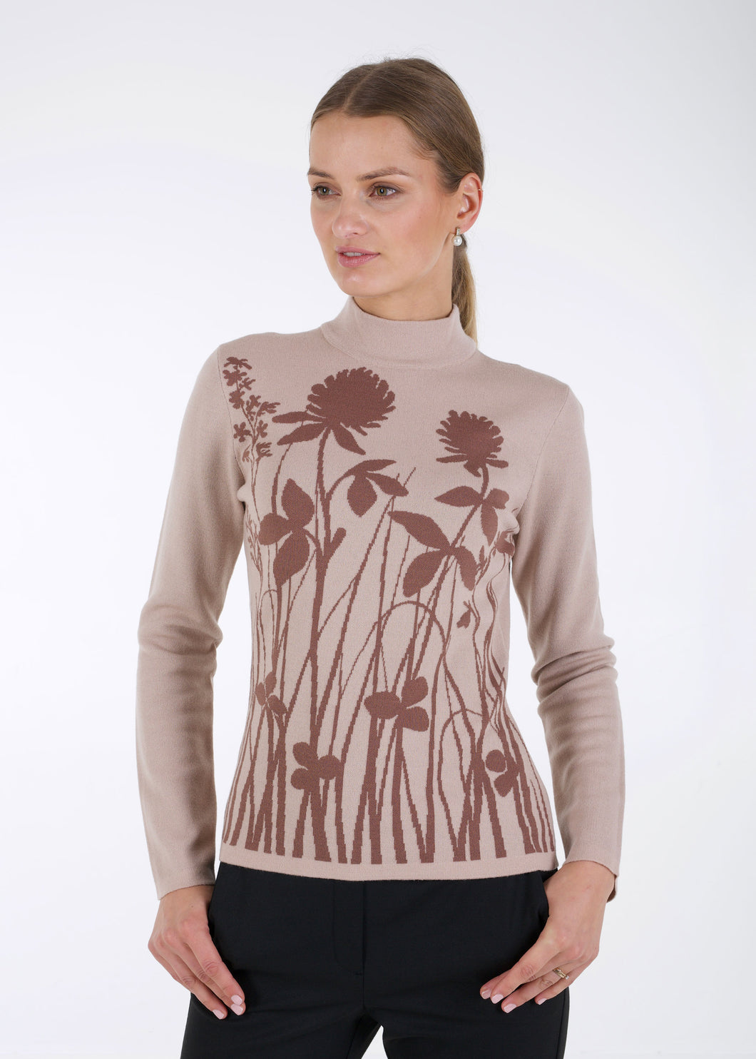 Merino wool jacquard knit top, meadow, beige