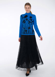 Merino wool jacquard knit top, meadow, blue