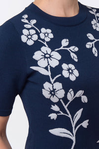 Forget-me-not jacquard knit top, navy