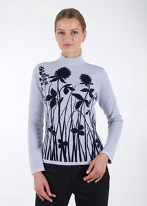 Merino wool jacquard knit top, meadow, light grey