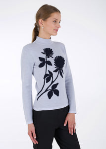 Merino wool jacquard knit top, clover, light grey