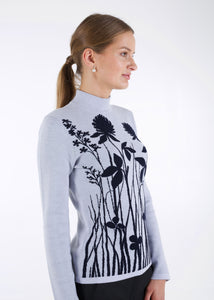 Merino wool jacquard knit top, meadow, light grey
