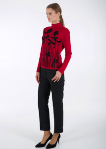 Merino wool jacquard knit top, meadow, red