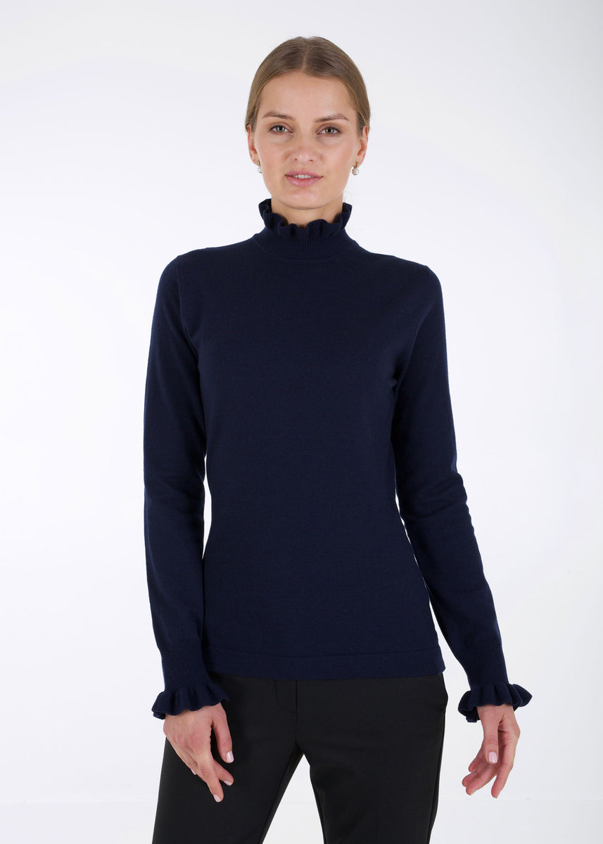 Merino ruffle knit top, dark blue – Arctic Affair
