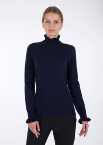 Merino ruffle knit top, dark blue