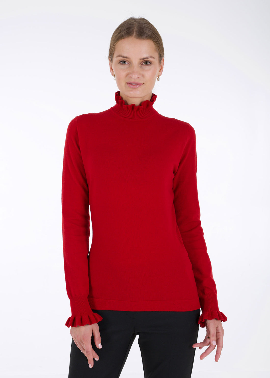 Merino ruffle knit top, red