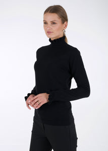 Merino ruffle knit top, black